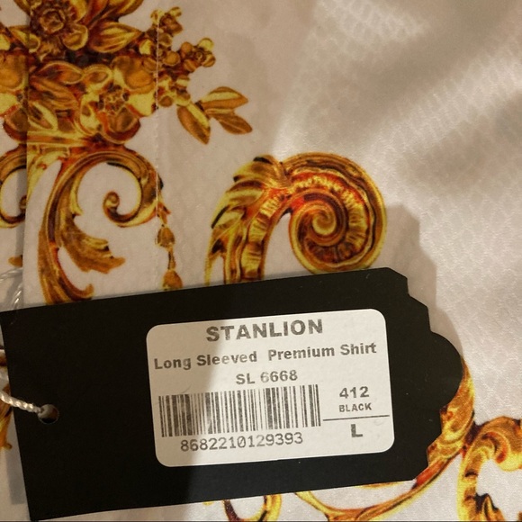 White, black and gold button up dress shirt size large. - Picture 3 of 4